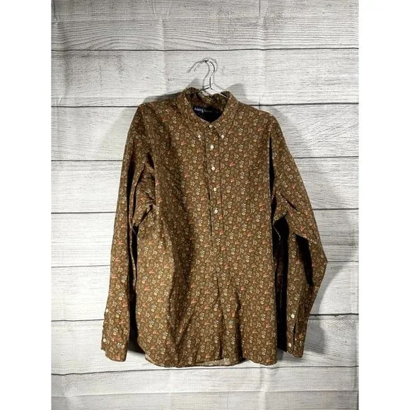 VTG Ralph Lauren Men’s Afton 100% Cotton Half Button Shirt Brown Floral • 2XL